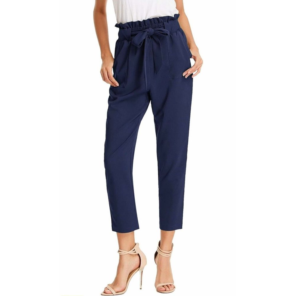 GRACE KARIN Women's Cropped Paper Bag Waist Pants With Pockets - Navy Blue (L)